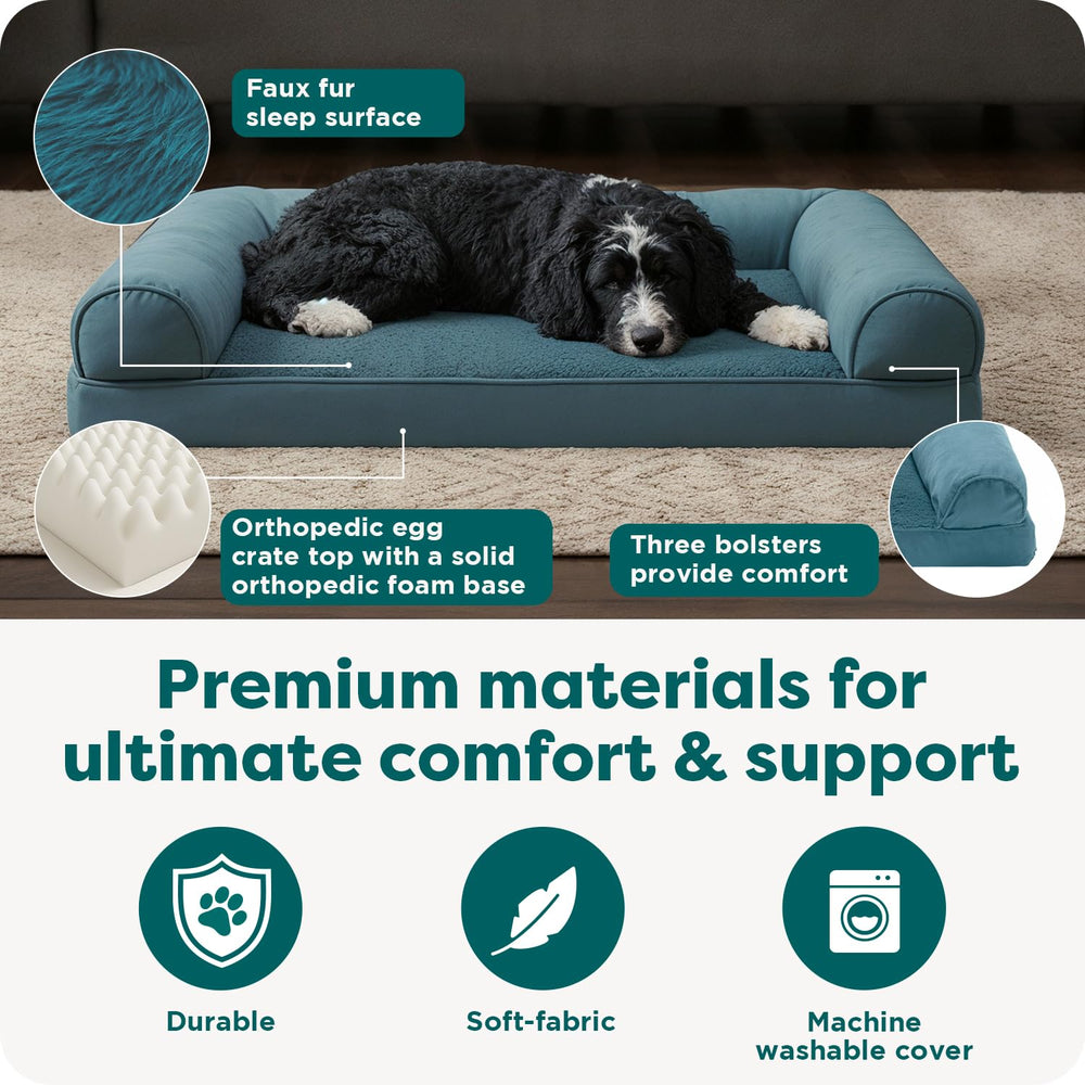 FurHaven bolstered edges offer a secure headrest for leaning dogs