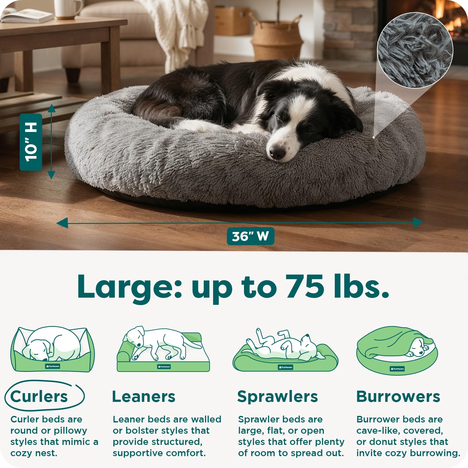 Furhaven plush faux fur surface promotes calm and comfortable resting.