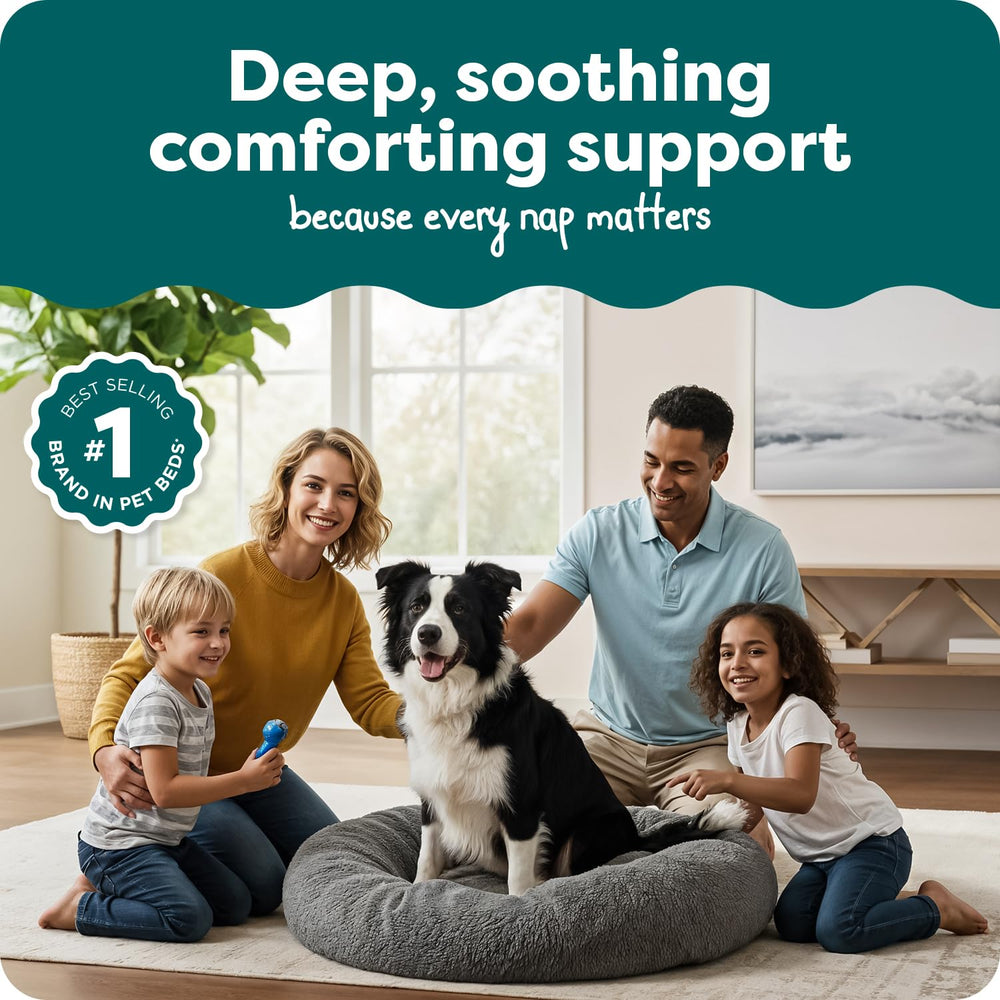 Furhaven donut bed with removable cover for easy machine washing.
