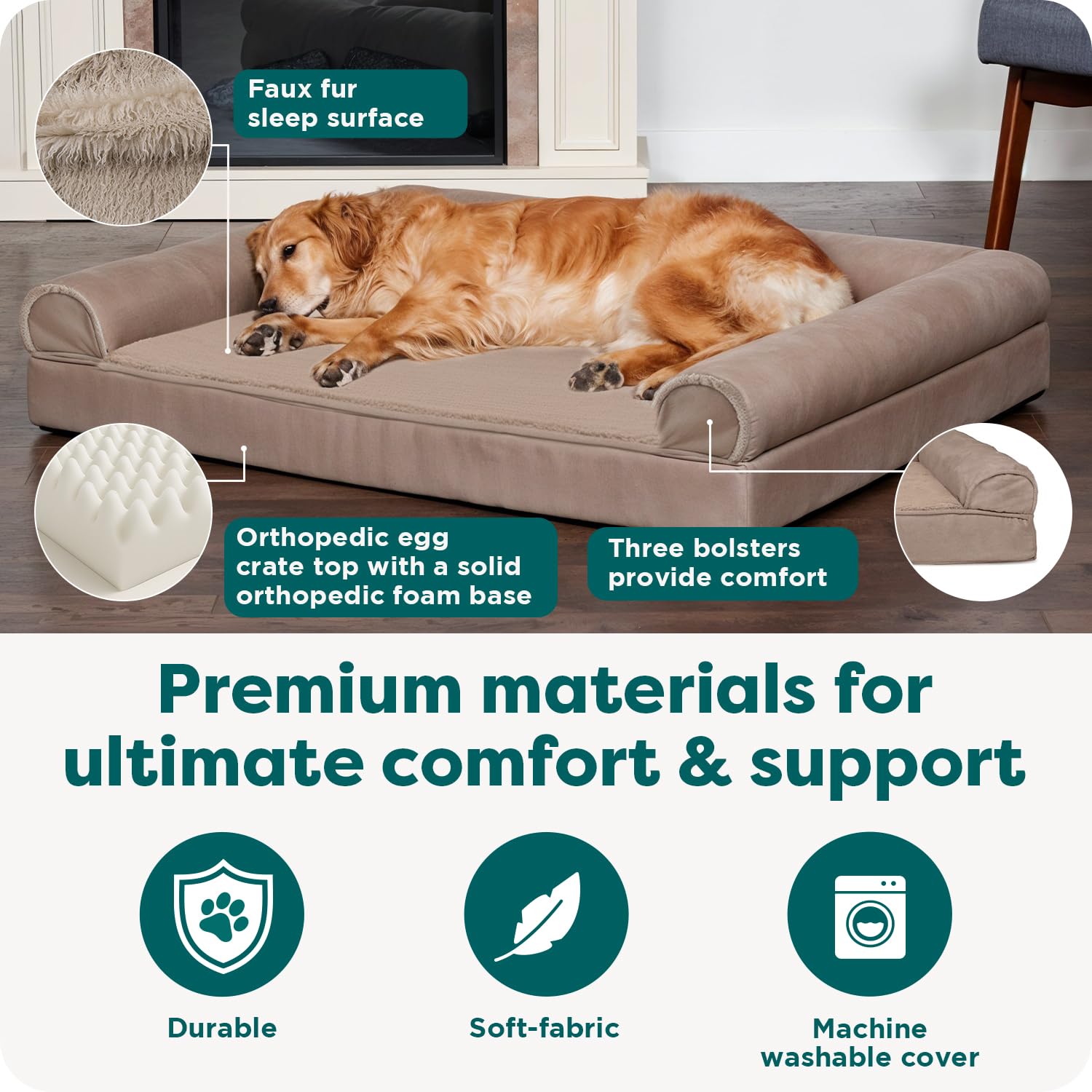 Furhaven durable linen-wrapped bolsters offer head and neck support.
