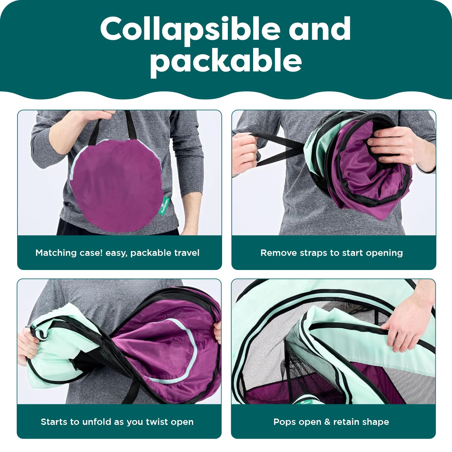 Furhaven foldable playpen folding into a lightweight carry bag.
