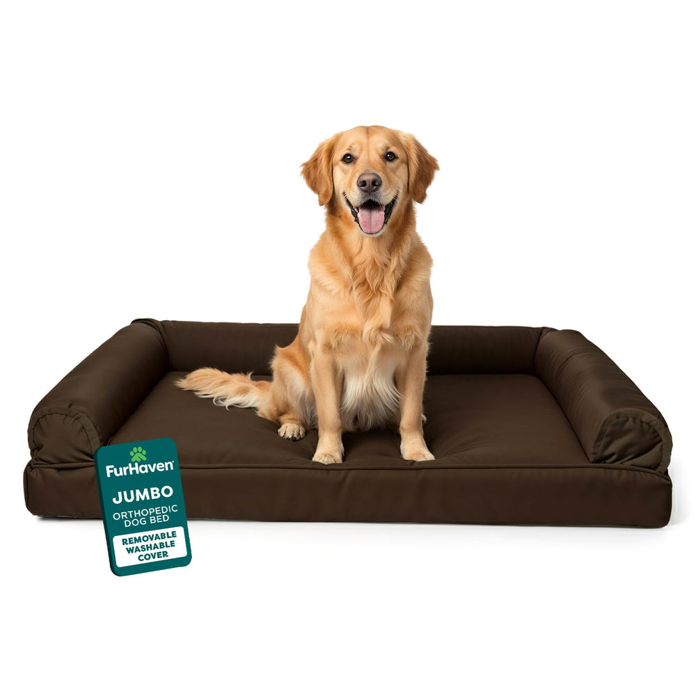 Furhaven orthopedic dog bed in espresso with jumbo size for secure lounging and support.