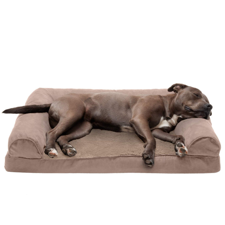 Furhaven orthopedic dog bed large Almondine cover closeup for secure, comfy lounging.