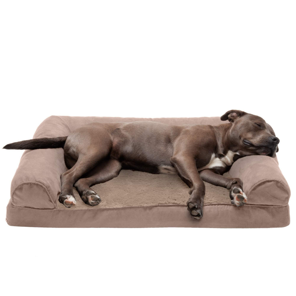 Furhaven orthopedic dog bed large Almondine cover closeup for secure, comfy lounging.