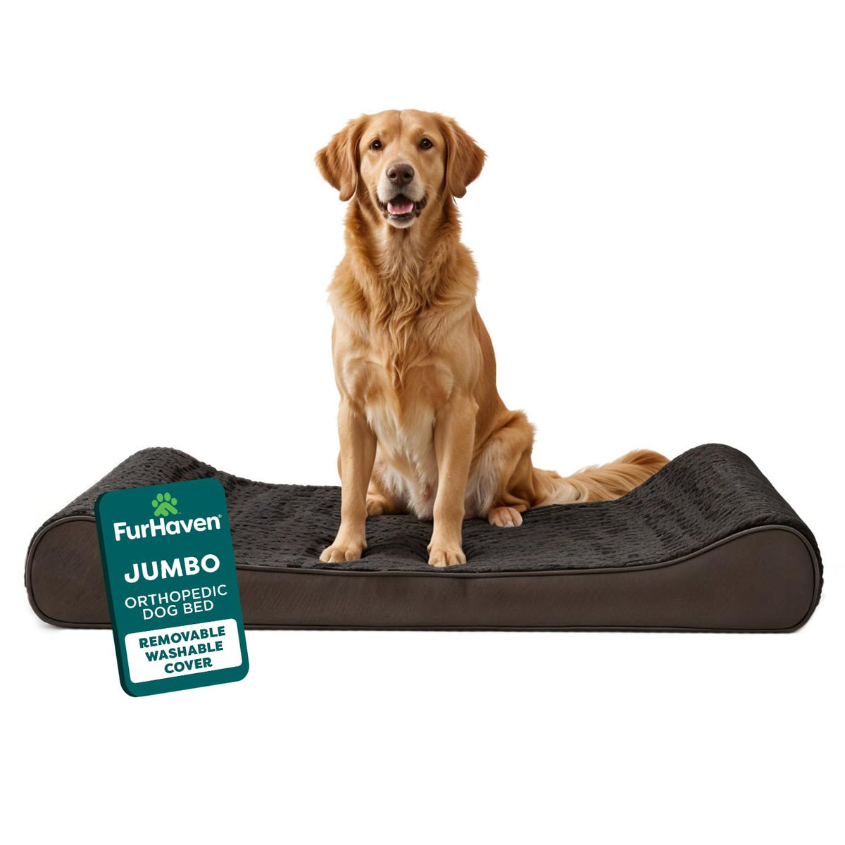 Furhaven orthopedic dog bed large lounger in chocolate with supportive contour for joints.