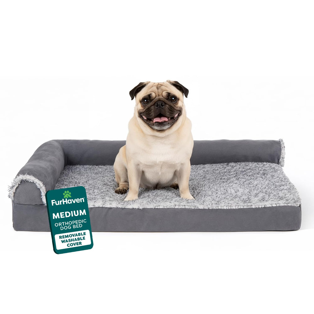 FurHaven orthopedic dog bed in L-shaped chaise supports joints during rest for medium dogs.