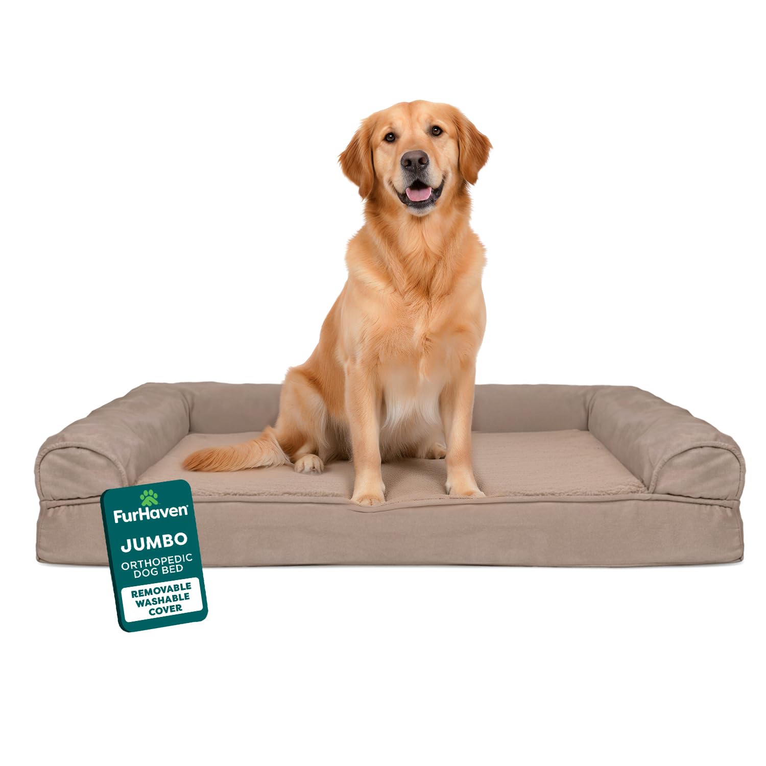 Furhaven orthopedic dog bed in woodsmoke jumbo size provides sturdy joint support.