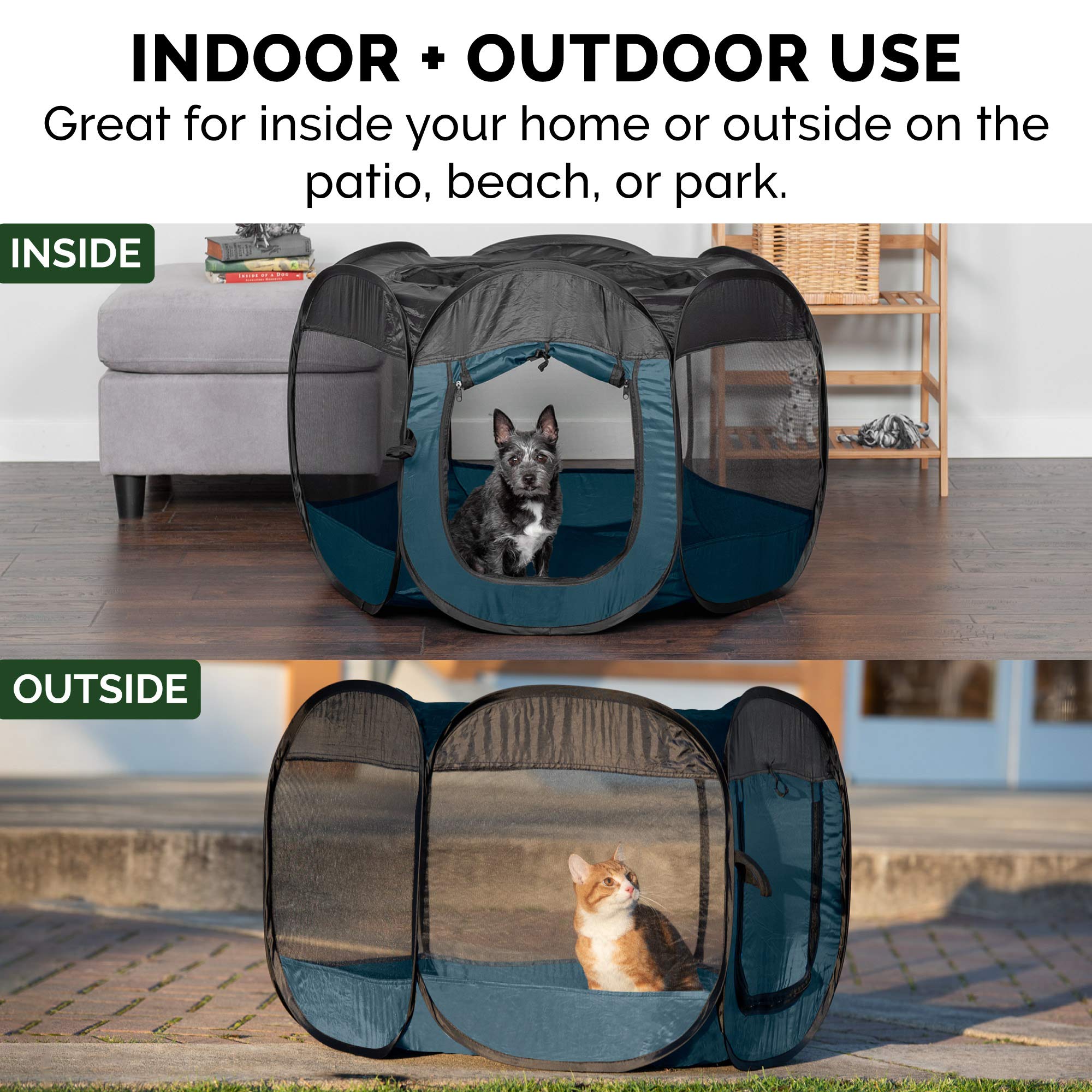 Furhaven Sailor Blue stakes secure the playpen on grass or sand.