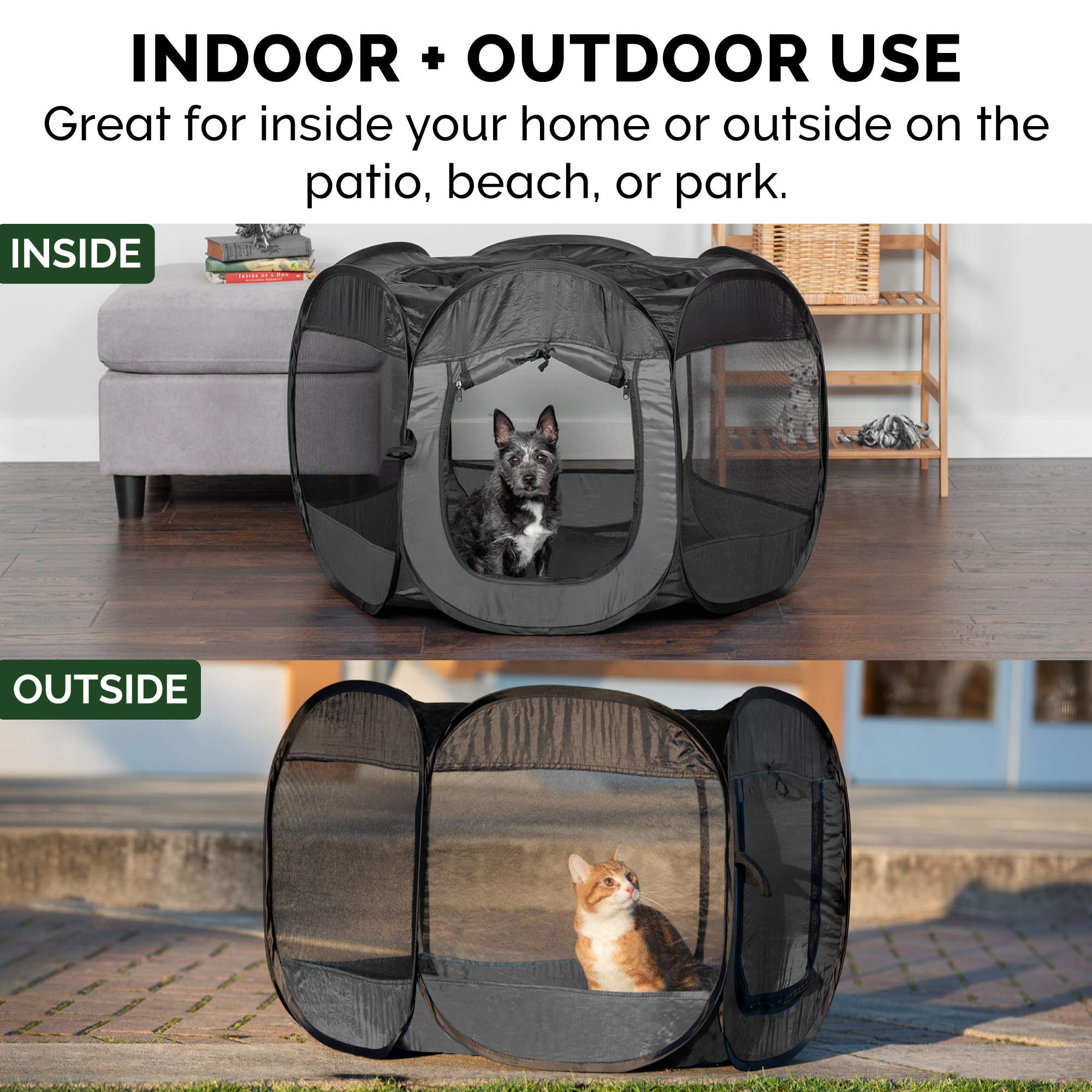 Furhaven ground stakes secure the playpen outdoors