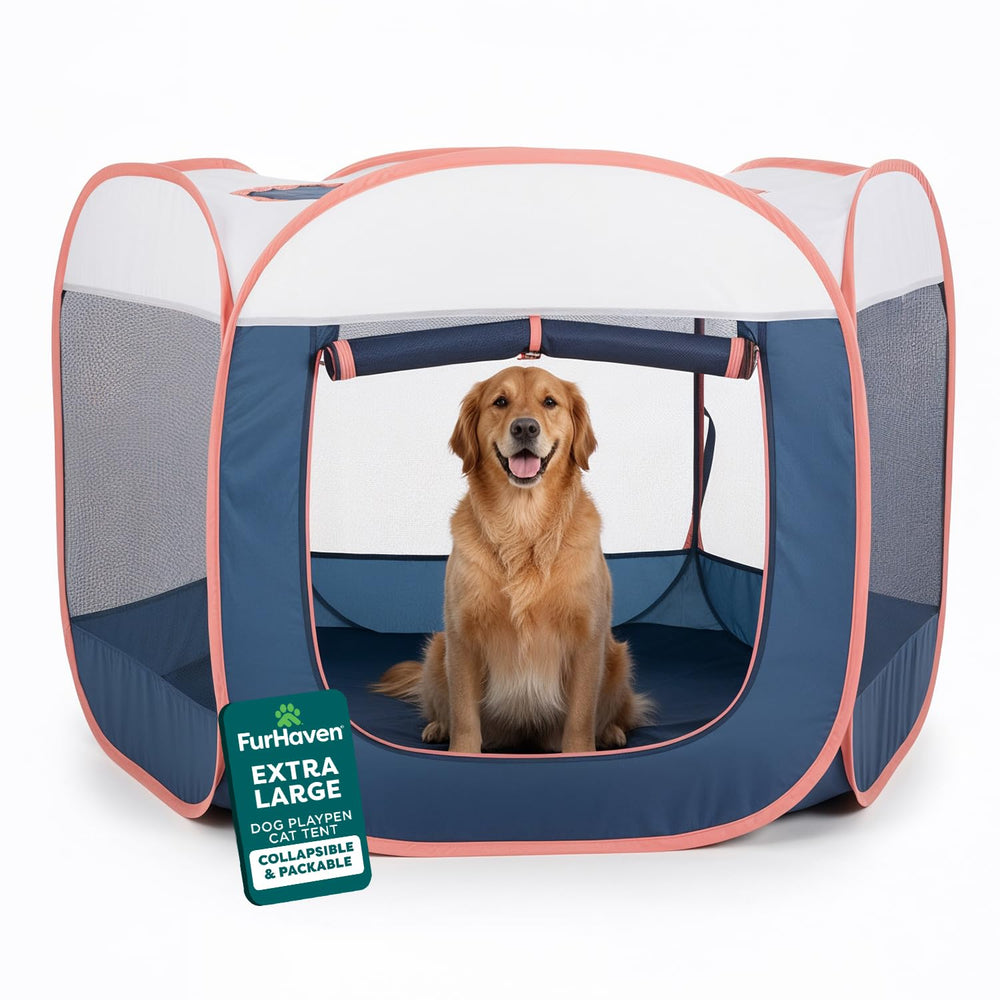 FurHaven portable dog playpen with mesh walls promotes airflow and visibility for calmer pets.
