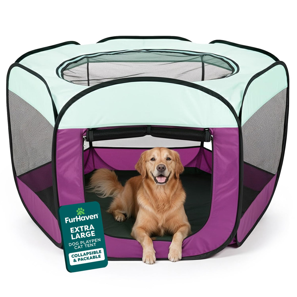 FurHaven portable playpen with 360-degree mesh for airflow and monitoring