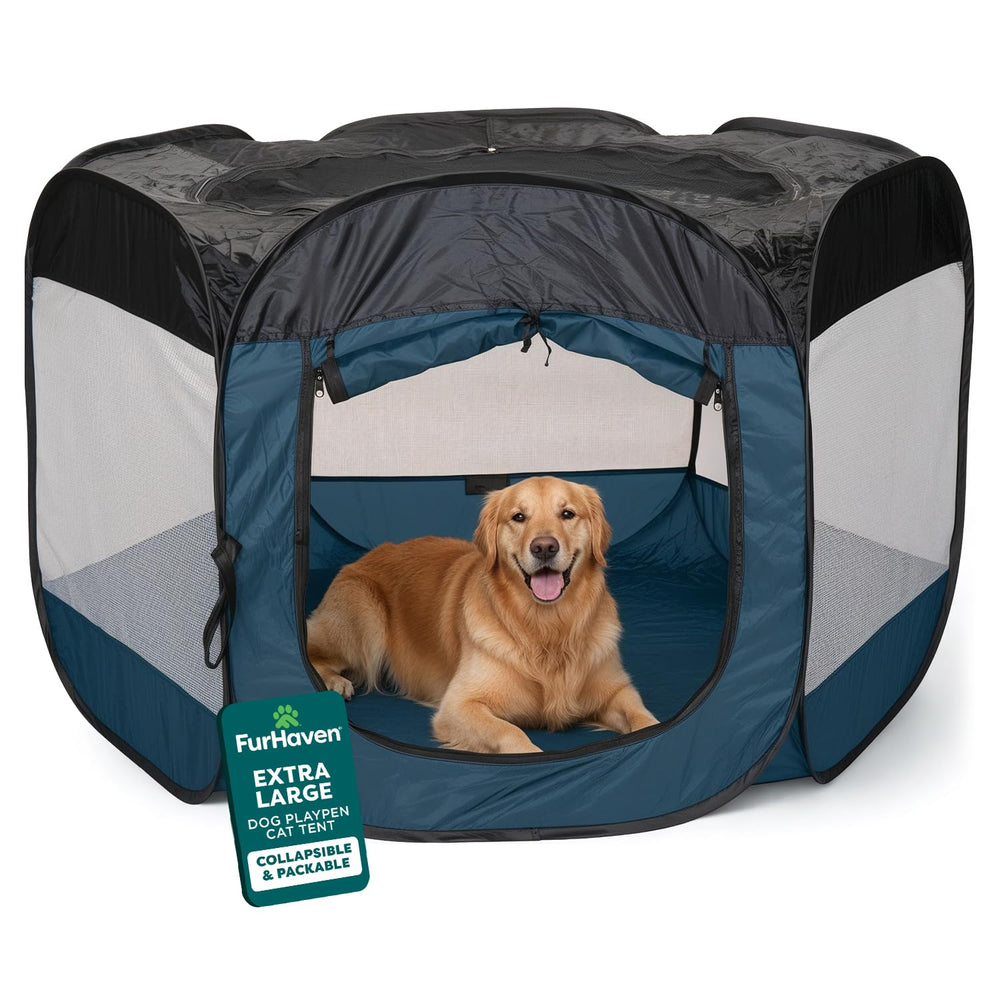 Furhaven portable playpen being set up quickly for home or travel use.