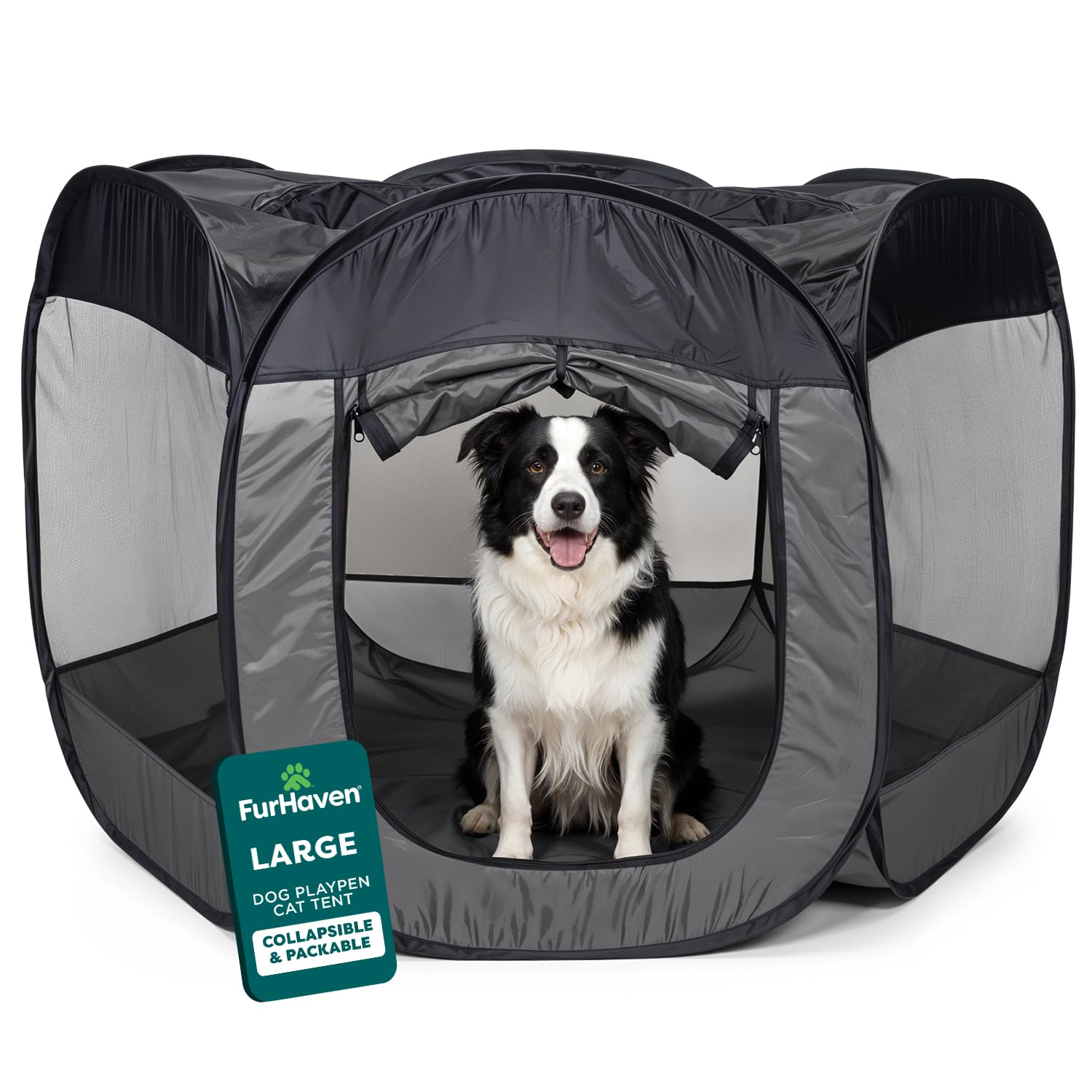 FurHaven portable playpen with 360° mesh for calm visibility.