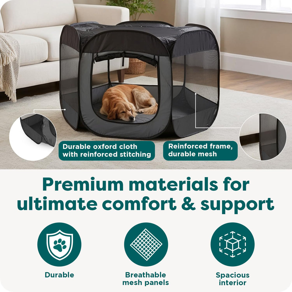 FurHaven portable playpen 600D Oxford fabric and reinforced seams for durability.