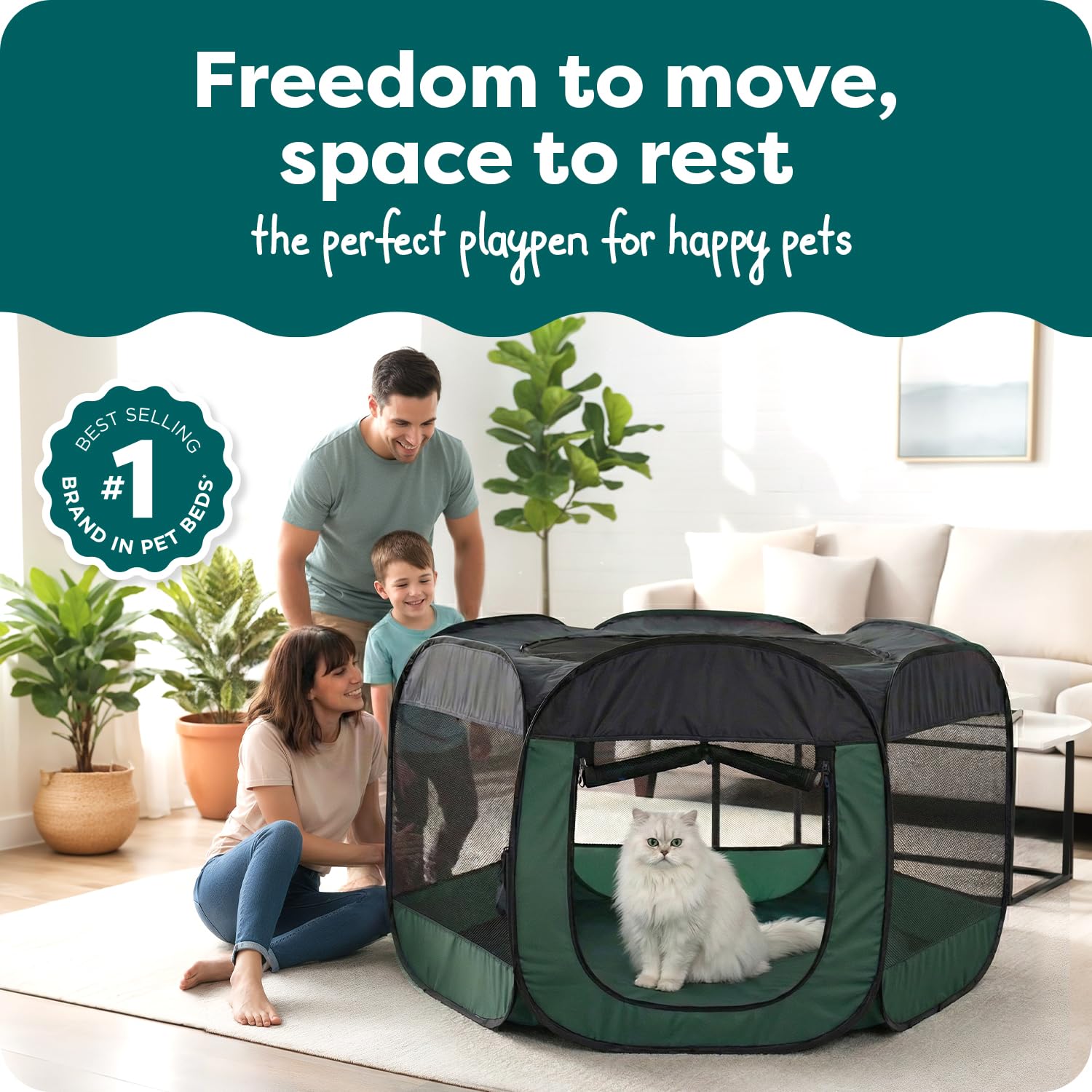 FurHaven portable playpen with mesh walls 360° view for airflow and visibility.