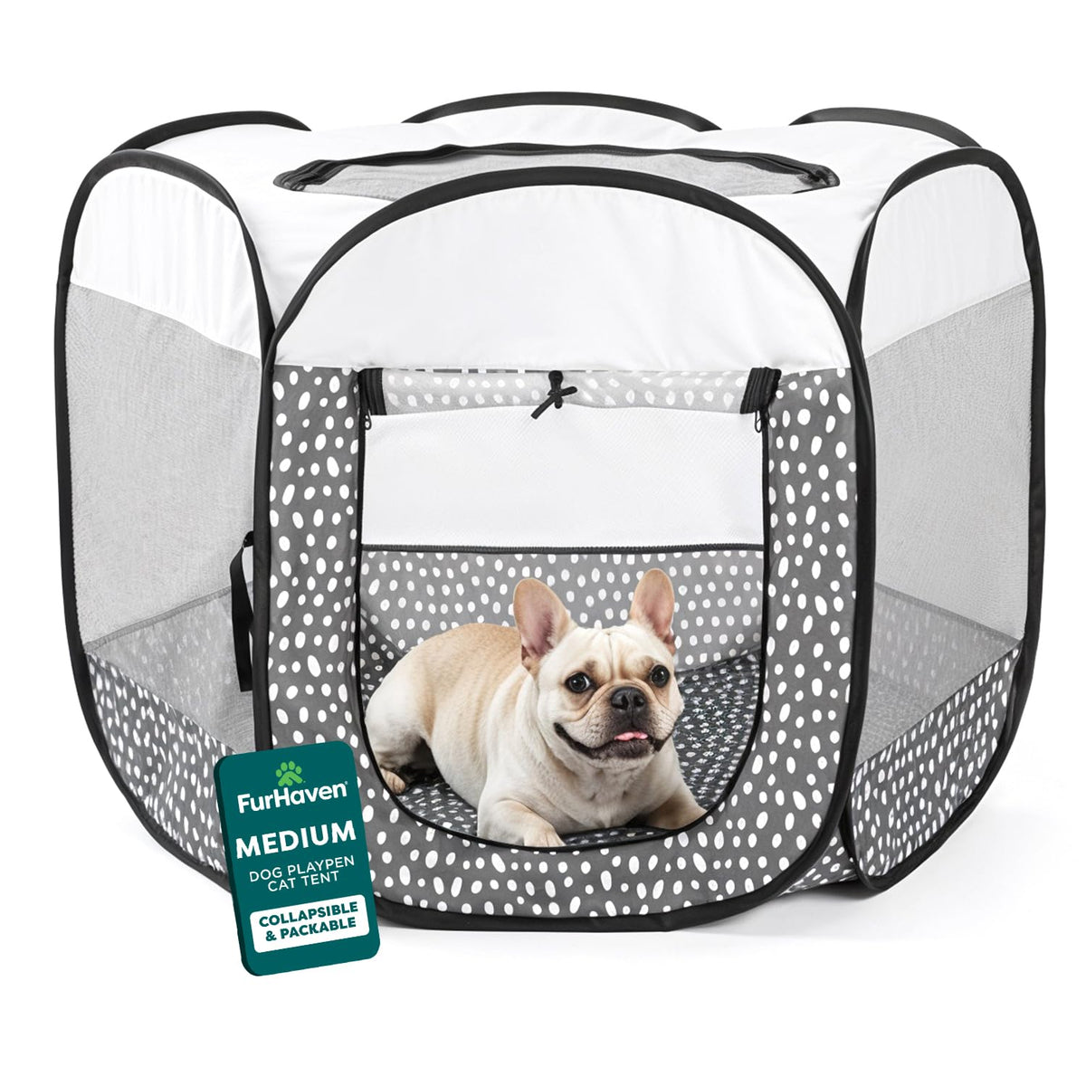FurHaven Portable Playpen shows quick outdoor setup for pets.