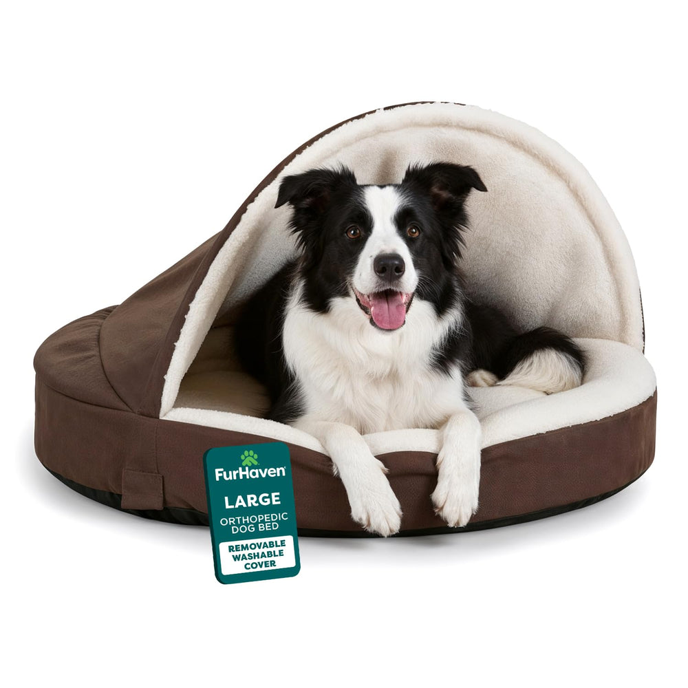 FurHaven 35 inch round orthopedic bed in espresso finish for joint support and burrow-friendly comfort.