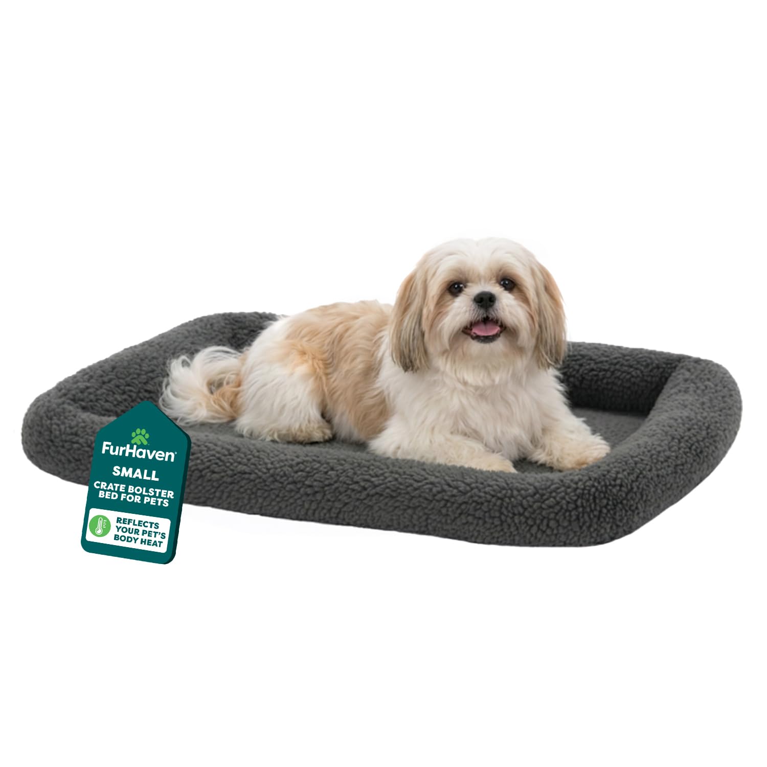 FurHaven sherpa fleece bolster crate pad provides cozy support for small dogs.