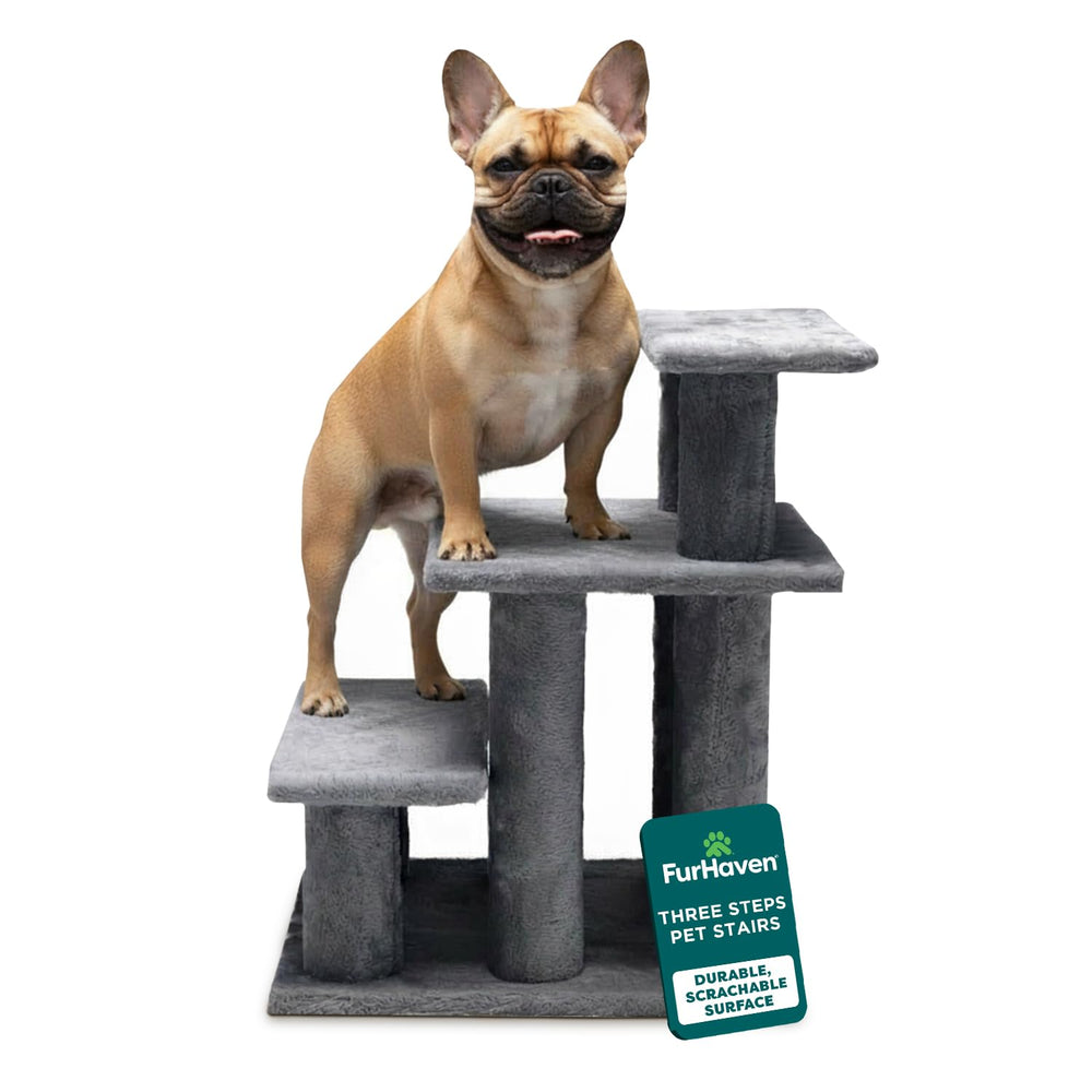 Furhaven Steady Paws 3-step bed stairs in gray for easy access