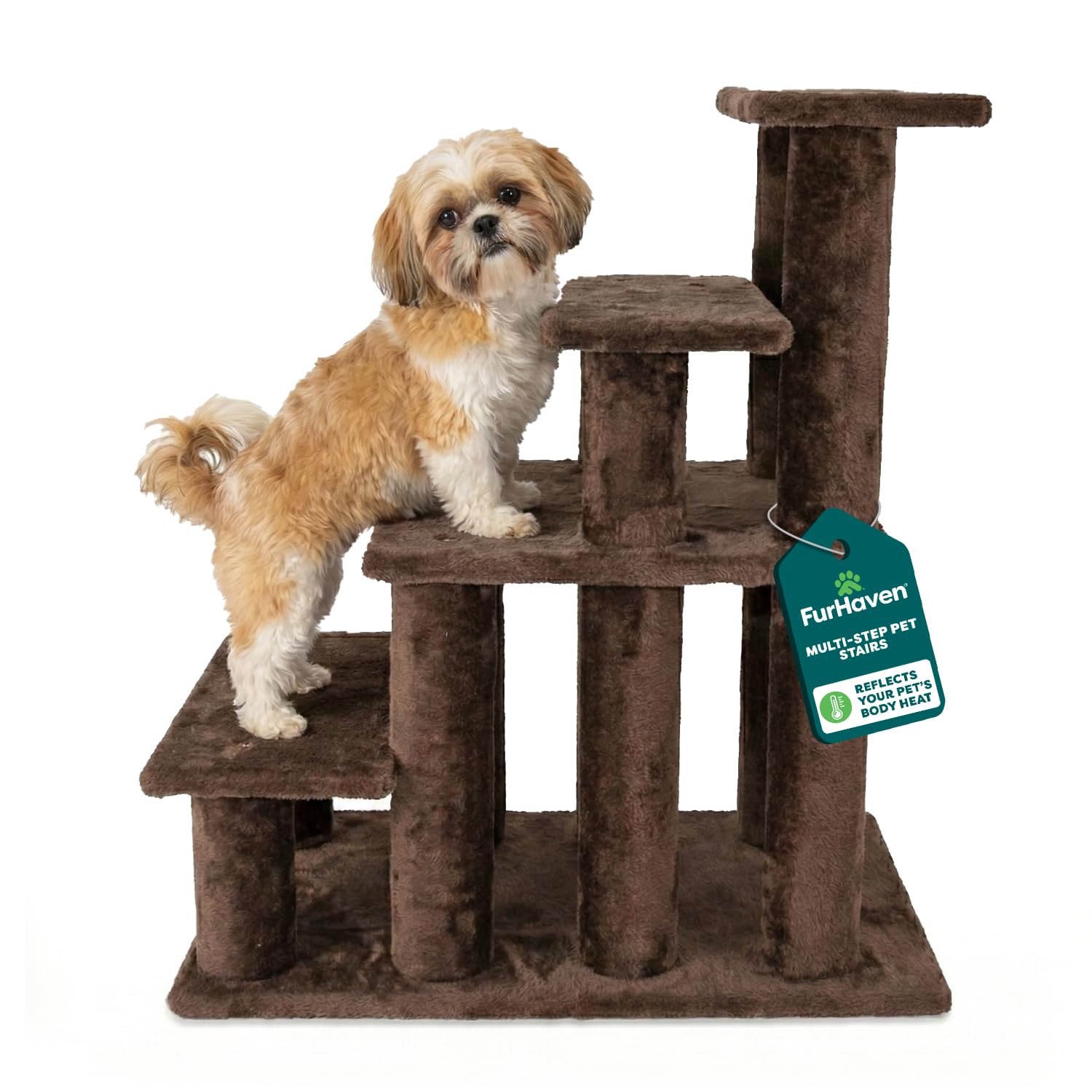 Furhaven Steady Paws 4-step stairs, front view, sturdy and plush for easy pet access.