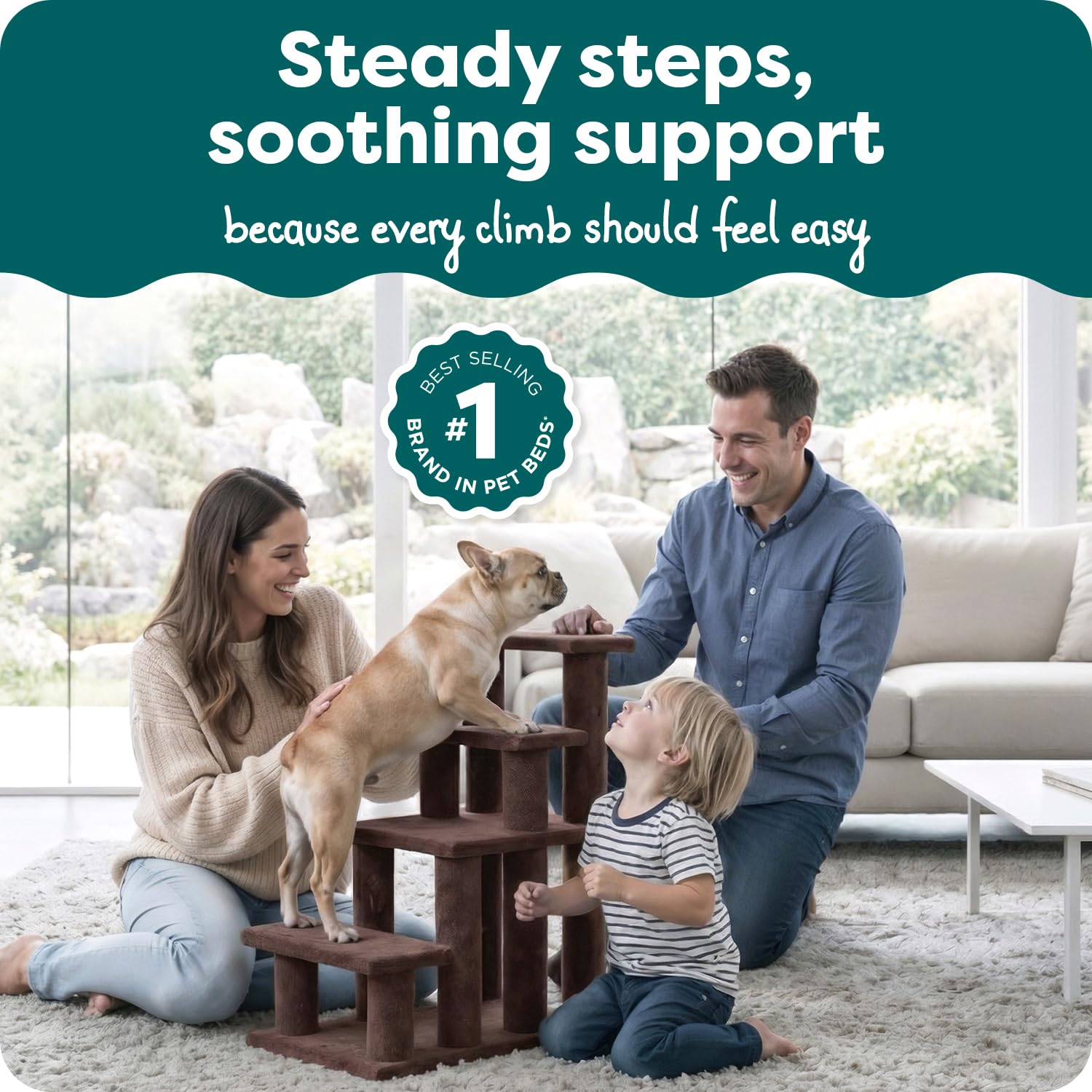 Furhaven Steady Paws 4-step stairs, side view on a couch for small dogs.