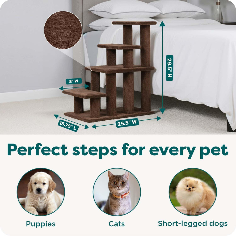 Top view of Furhaven Steady Paws stairs beside a tall bed, showing layout.