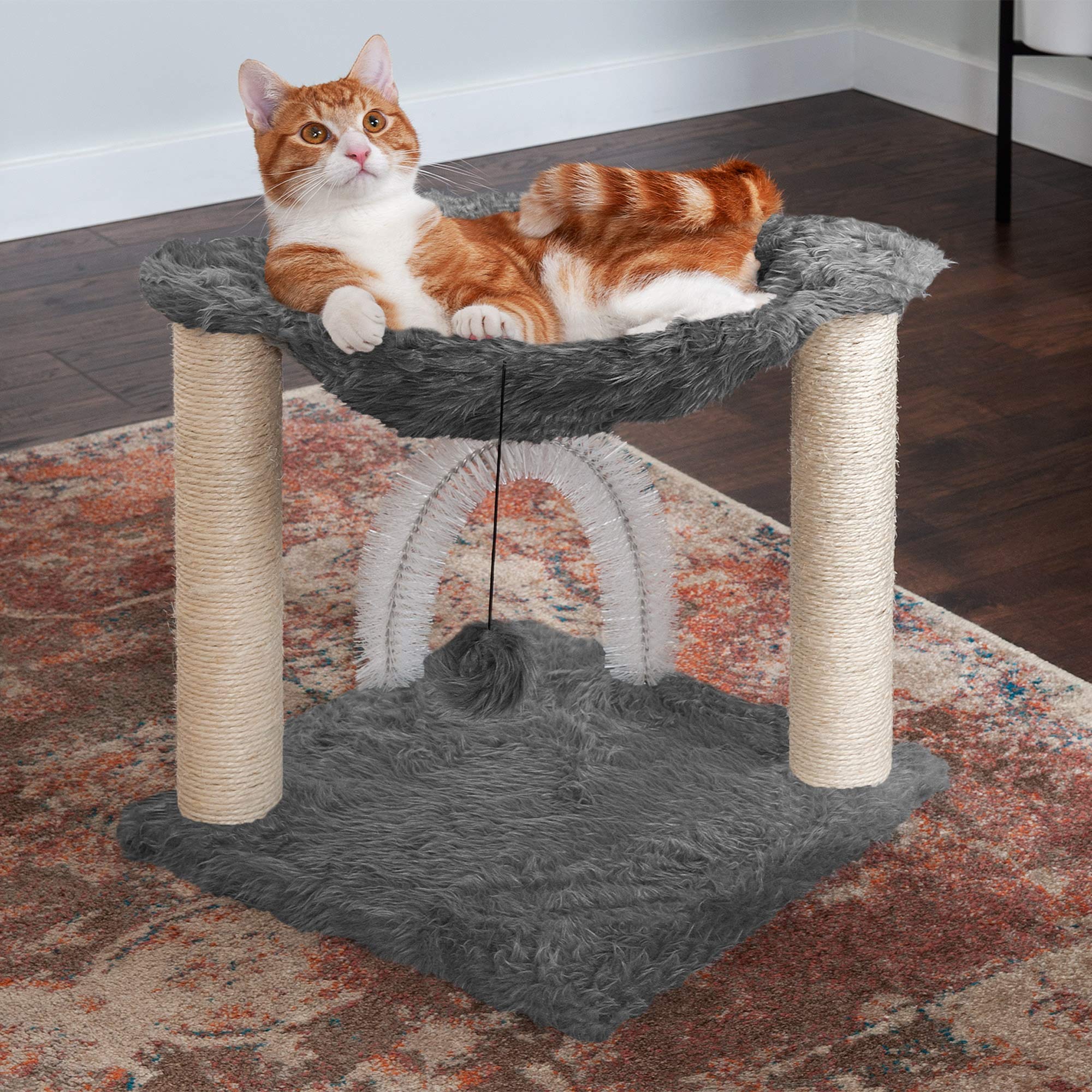 Furhaven Tiger Tough Hammock Playground with self-grooming brush for fur care and cleaning.