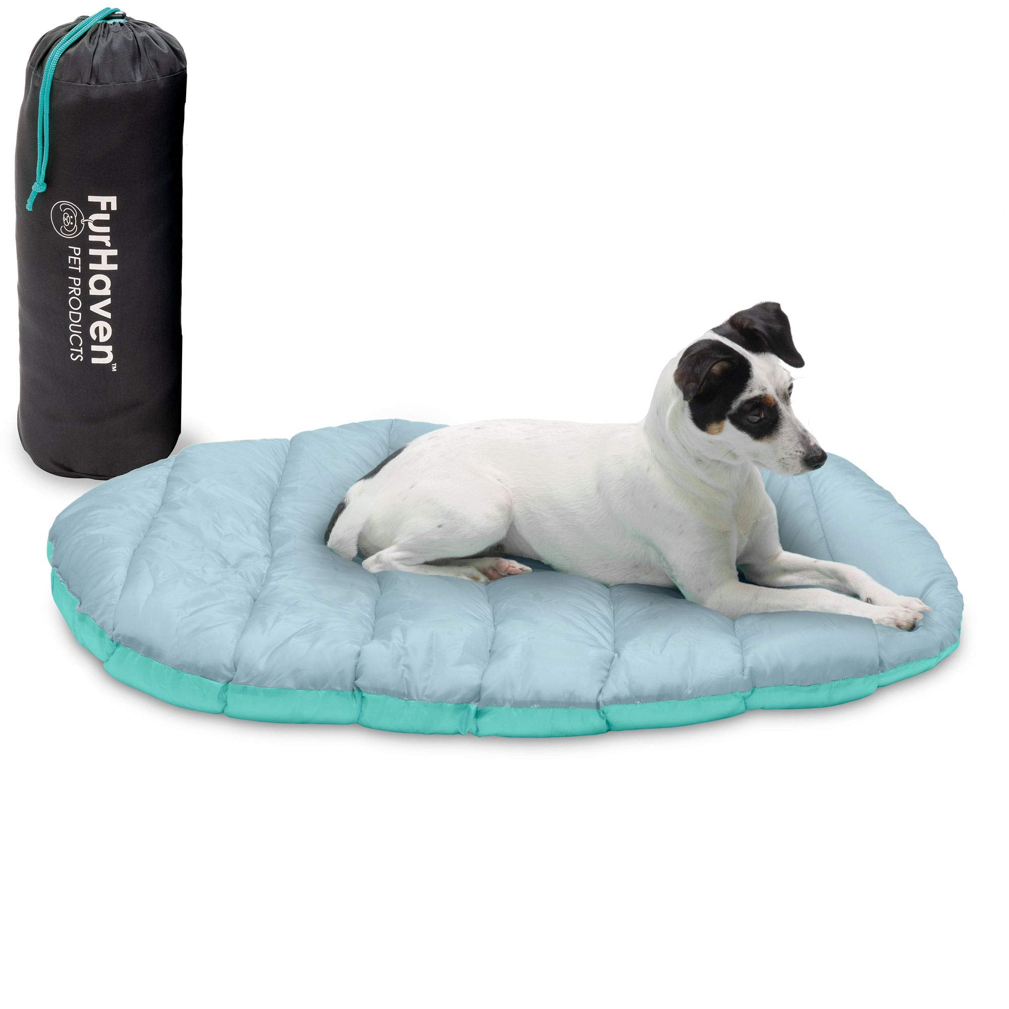 FurHaven Trail Pup travel bed small aqua-gray open layout, cozy sleep on the go.