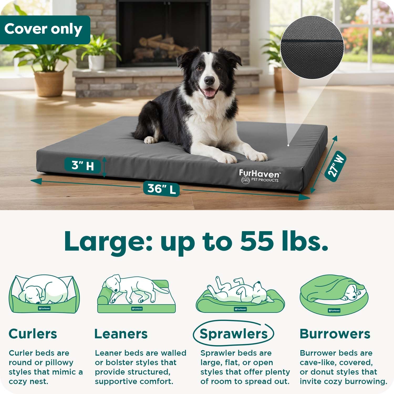 Furhaven universal-fit cover for mattress-style beds fits a range of inserts