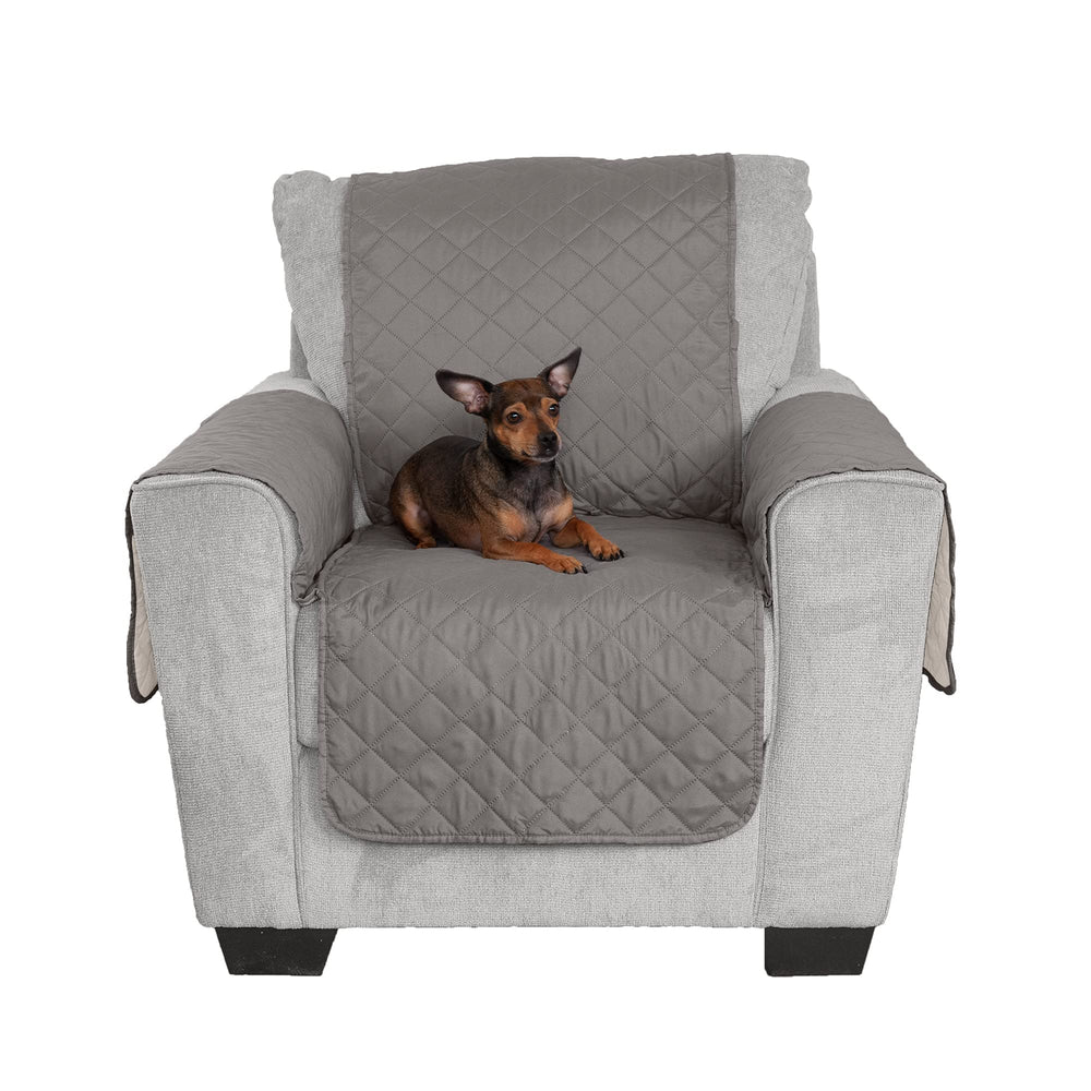 Furhaven water-resistant reversible chair cover in gray-mist protects furniture from spills.