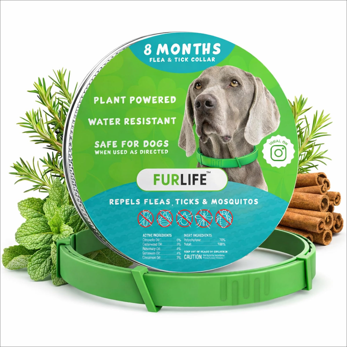 FurLife flea and tick collar for dogs with waterproof green design for all-breed protection.