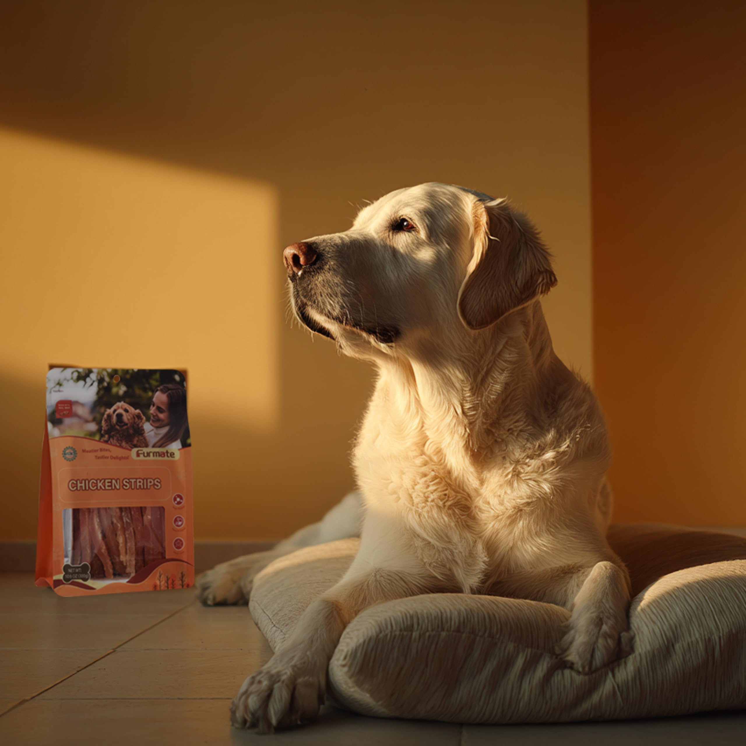 Furmate chicken jerky strips shown for long-lasting chew sessions.