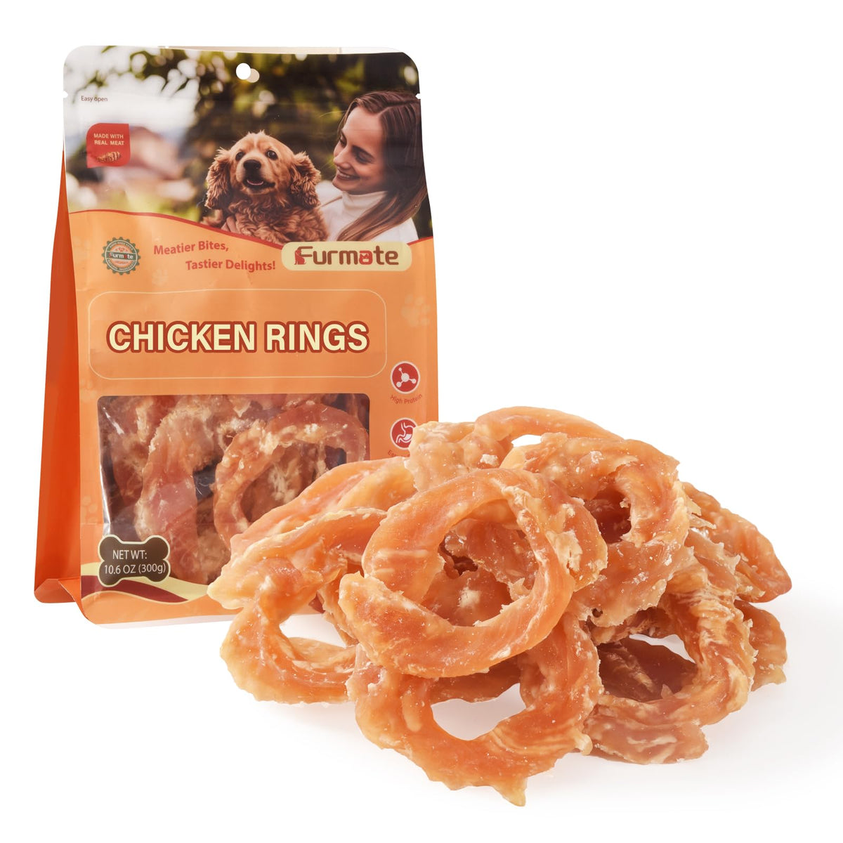Furmate Chicken Jerky Rings packaging highlights natural ingredients and taurine support for dogs.