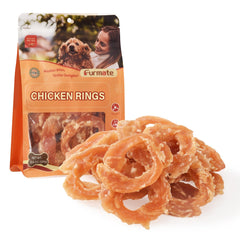 Furmate Chicken Jerky Rings packaging highlights natural ingredients and taurine support for dogs.