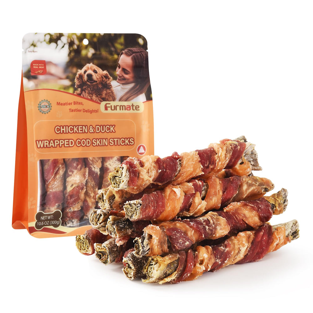 Furmate chicken-duck wrapped cod skin stick for training rewards.
