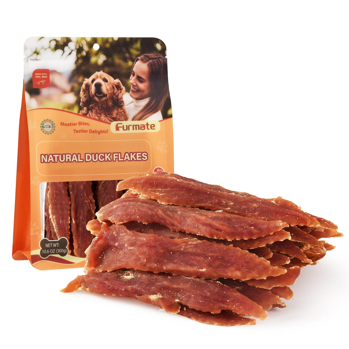 Furmate Duck Jerky Tenders bag front, premium training reward for dogs.