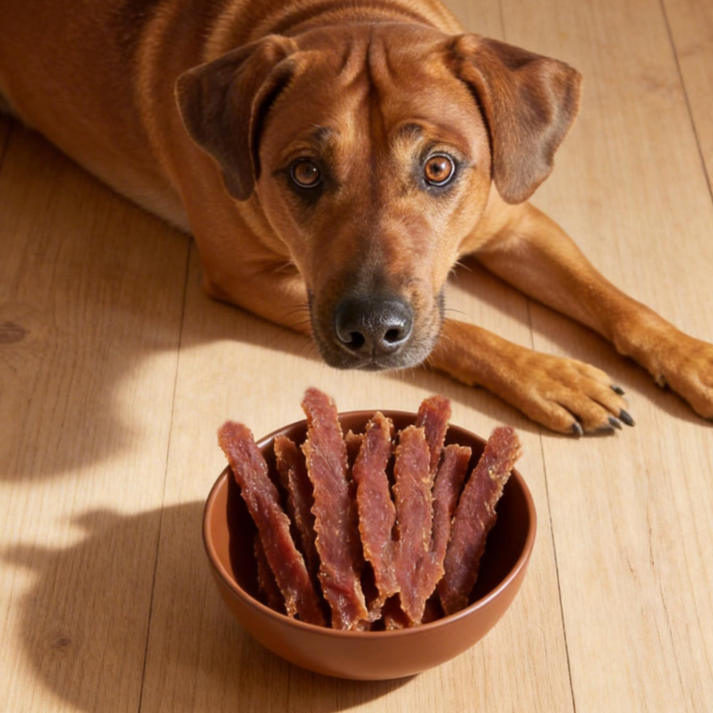 Happy dog enjoying Furmate Jerky Tenders bite during training.