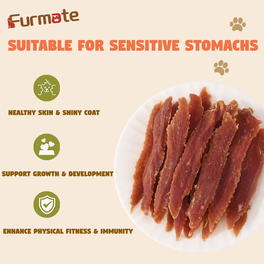 Close-up of Furmate jerky strips, natural duck flavor dogs love.