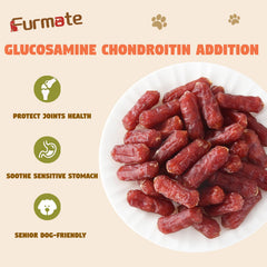 Close-up of Furmate duck sausage jerky highlighting grain-free formula