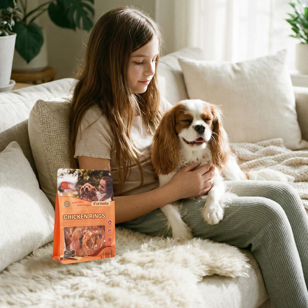 Serving suggestion with Furmate jerky rings in a dog-friendly bowl.