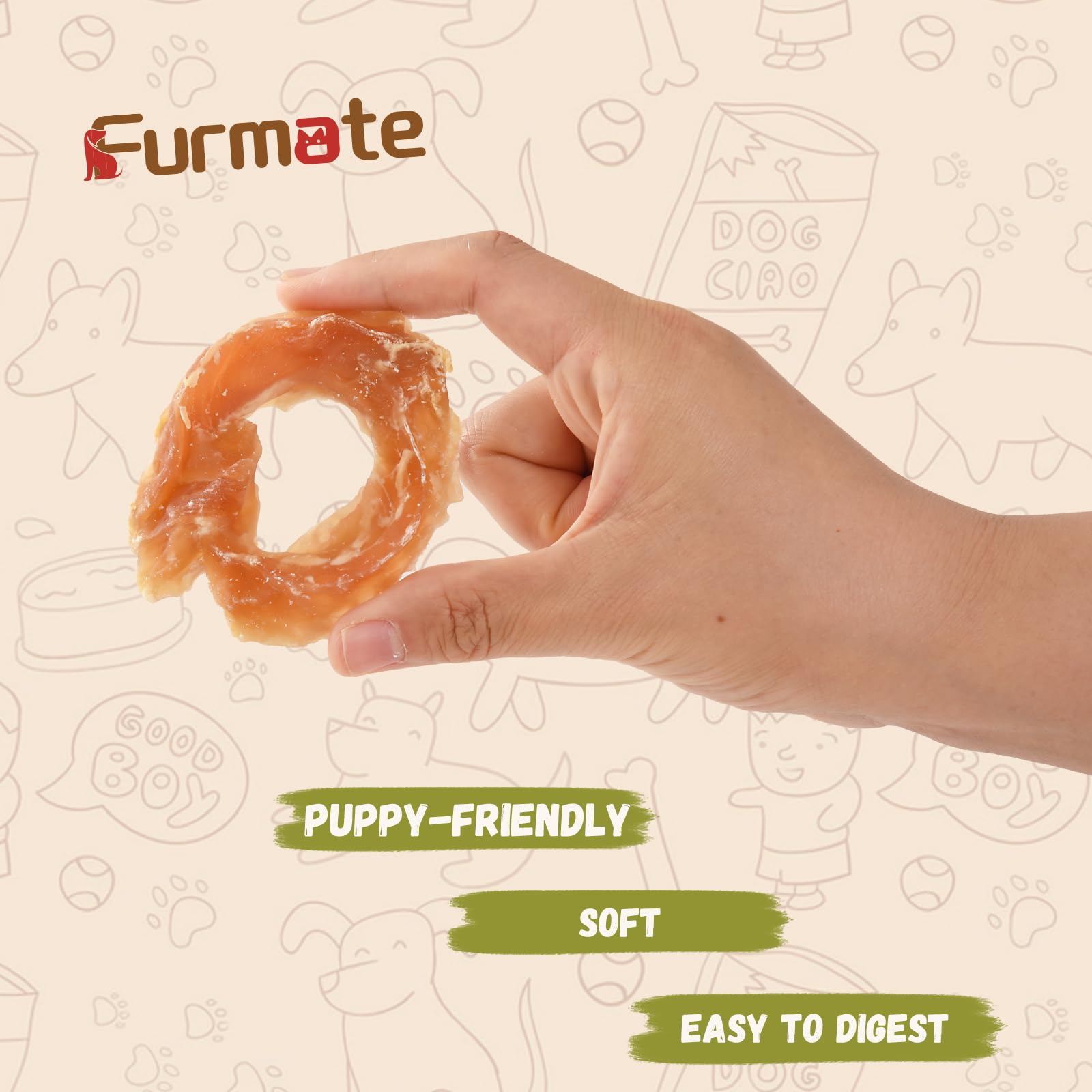 Rawhide-free design badge shown for safer chewing with Furmate rings.