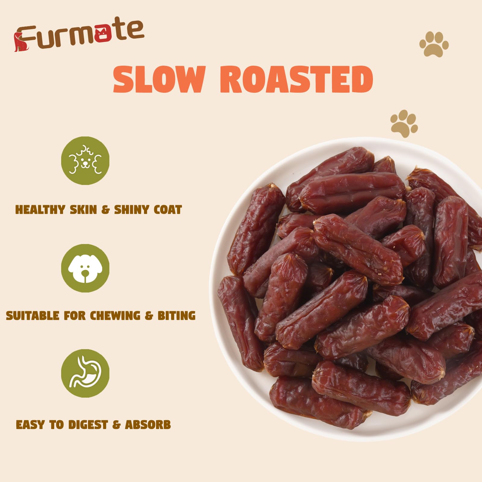 Furmate Soft Beef Sausage jerky slice shows soft texture for gentle chewing.