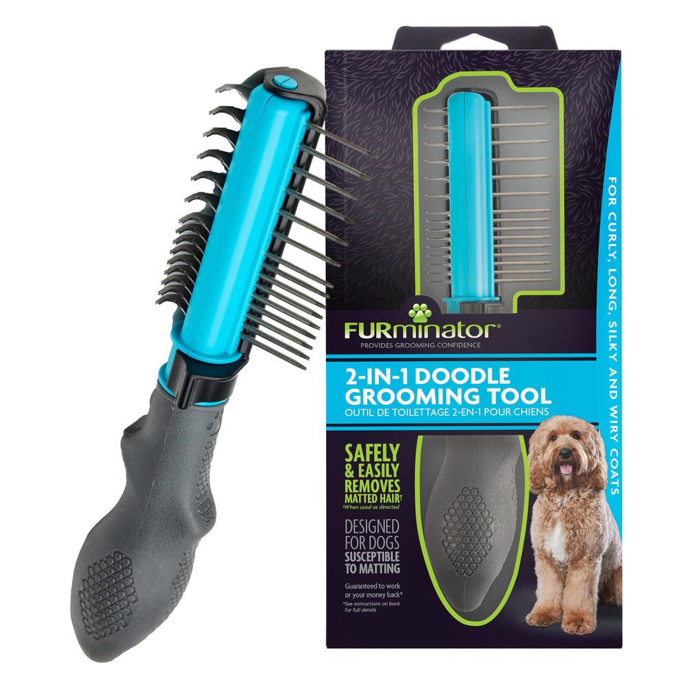 FURminator 2-in-1 doodle grooming tool dematting side removes mats safely.