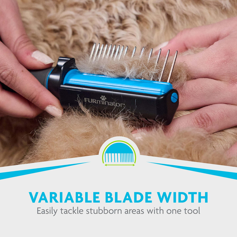 FURminator 2-in-1 tool stainless steel tines untangle hair gently.