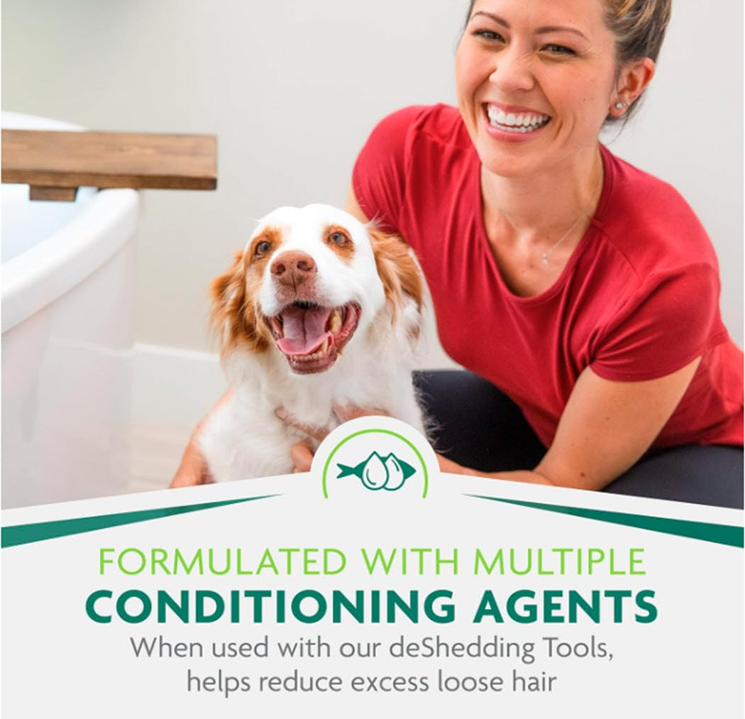 FURminator coat-nourishing conditioning agents illustration suggests healthier fur