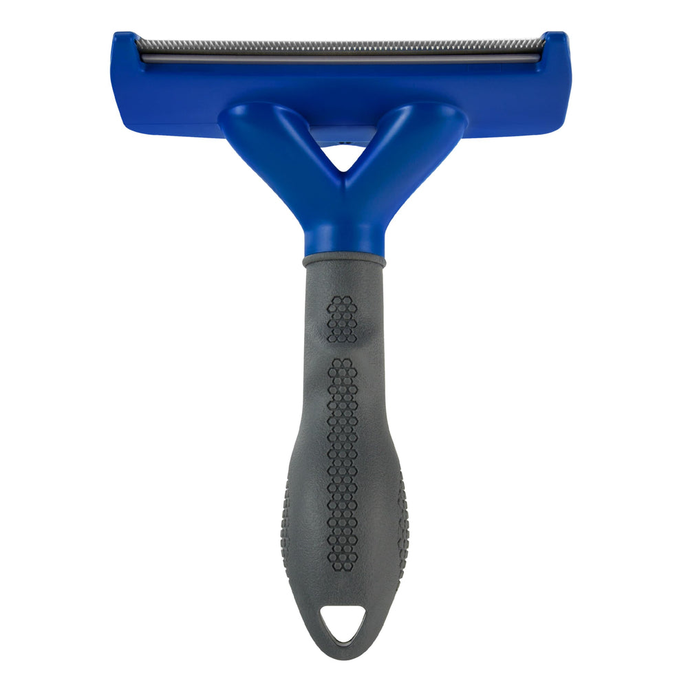 FURminator deshedding tool reaches through topcoat to remove undercoat safely.