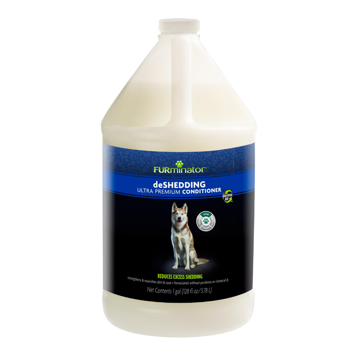 FURminator deShedding Ultra Premium Conditioner bottle pump for a smoother coat.