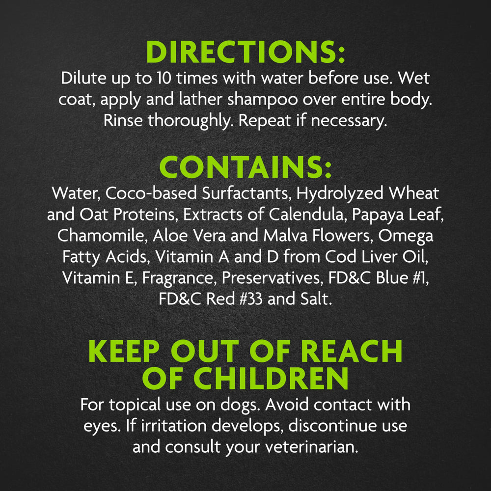 FURminator deshedding shampoo label graphic showing ingredients for shedding control