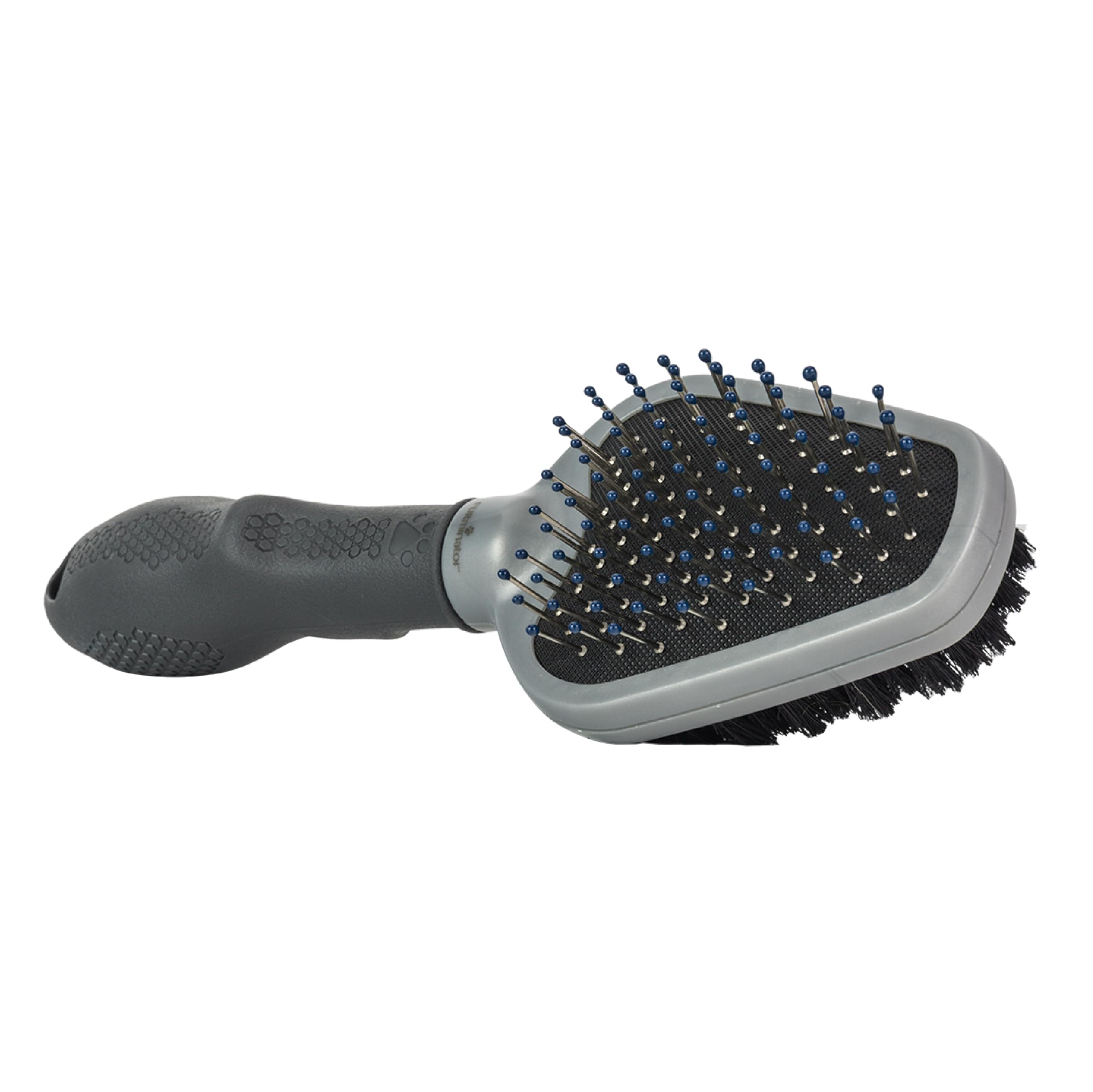 FURminator Dual Grooming Brush with metal bristles detangles and removes loose fur.