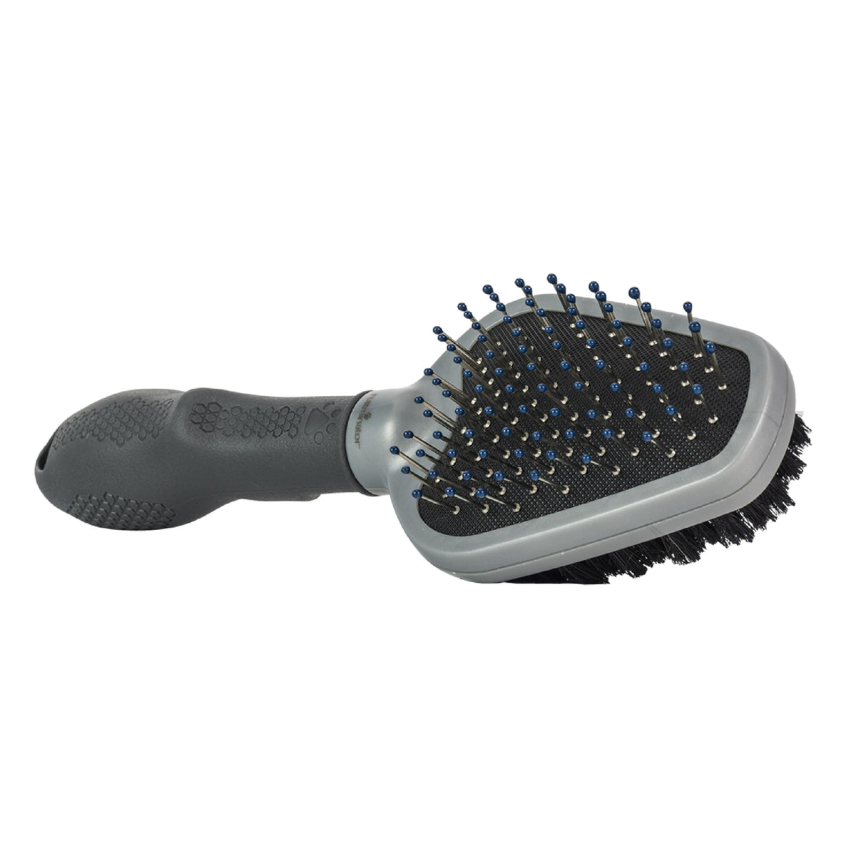 FURminator Dual Grooming Brush with metal bristles detangles and removes loose fur.